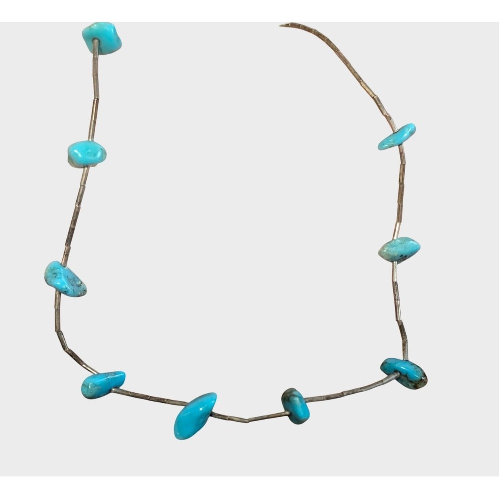 Vintage Turquoise Nugget Necklace 16in Blue Silver-metal Boho